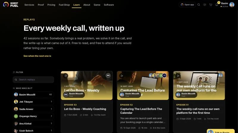 The replays page: each weekly call with its summary